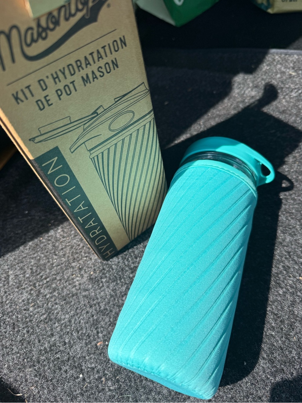 Mason Turquoise Glass Hydration Bottle with Textured Sleeve